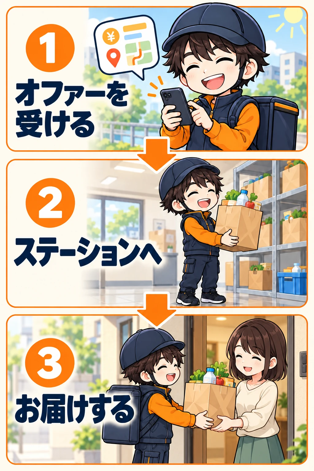 Amazon Nowの配達の流れ。オファーを受け、ステーションで荷物を受け取り、お客様へ対面で届ける3ステップの図解。