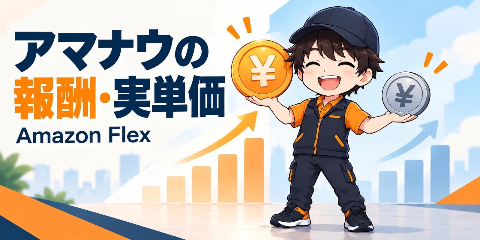 Amazon Now(アマナウ)の報酬・実単価を案内する、コインを持った配達員のイラスト