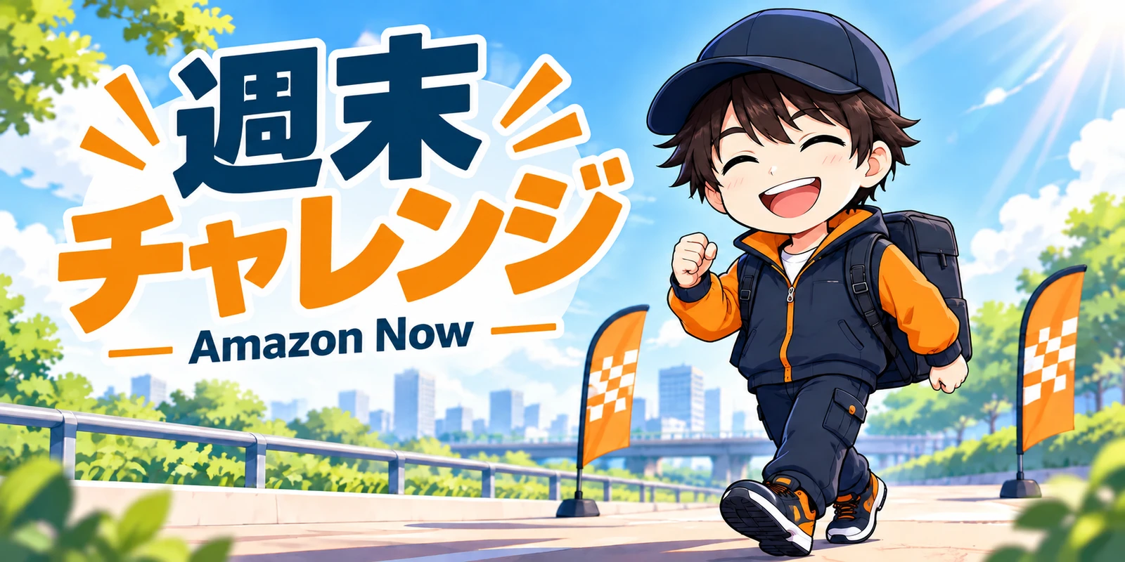 Amazon Nowの週末チャレンジを案内する配達員のイラスト