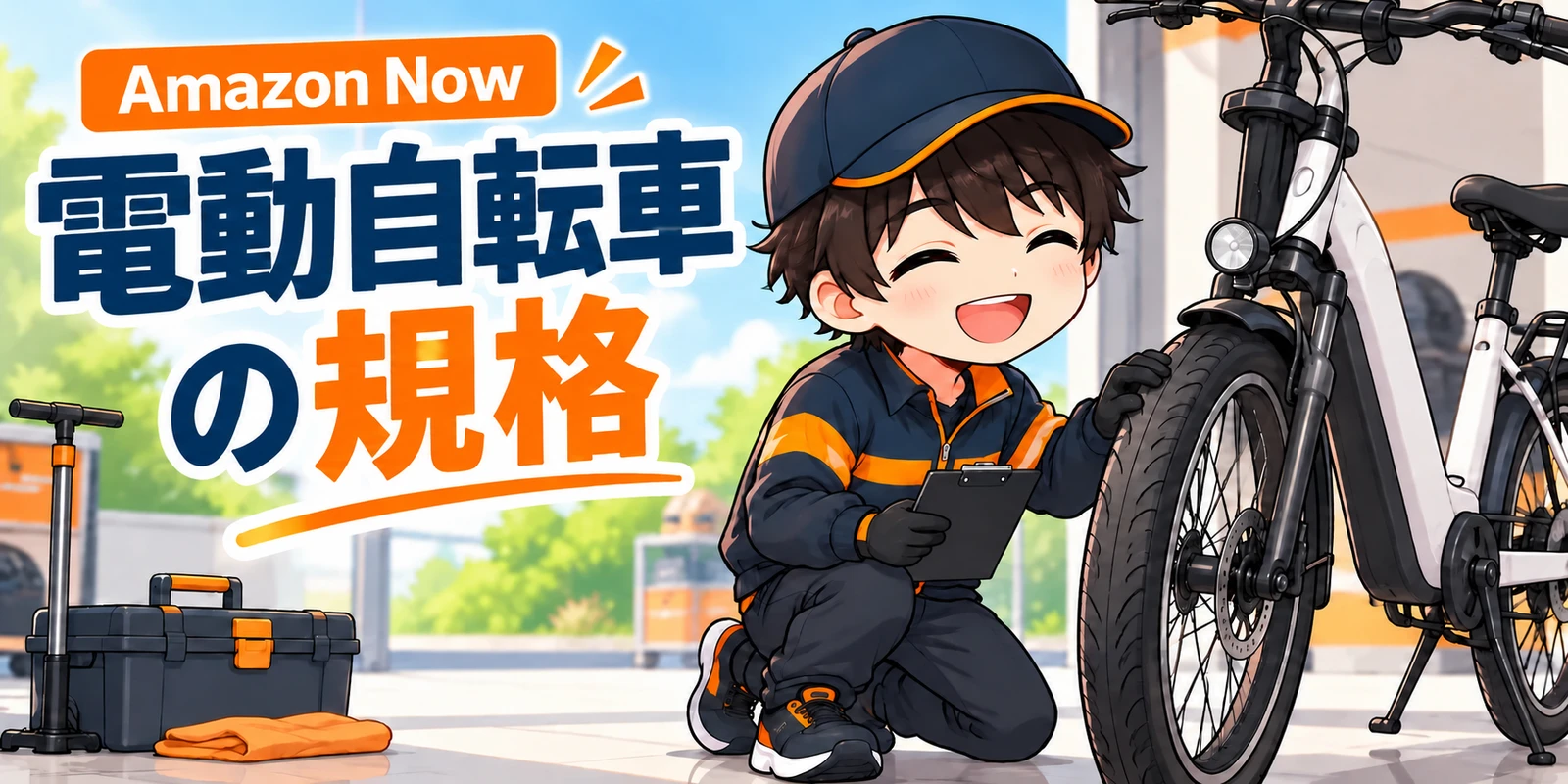 Amazon Nowの電動自転車の規格を案内する、自転車を点検する配達員のイラスト