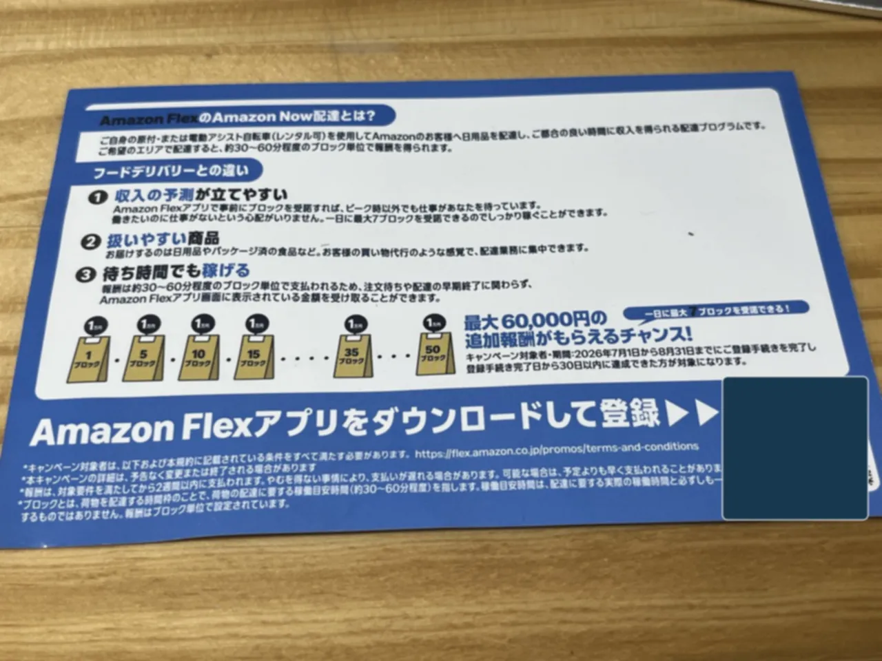 Amazon Now配達員募集チラシのブロック説明