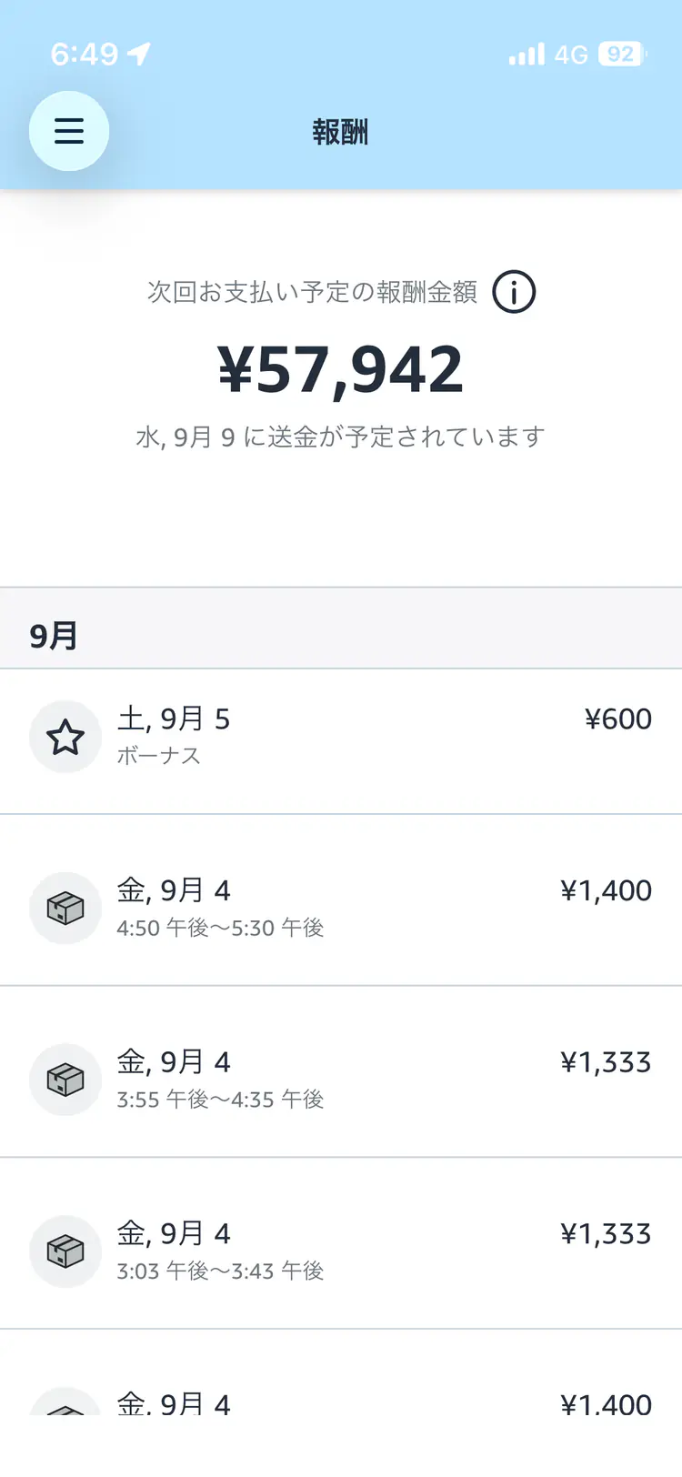 9月5日6時49分の600円ボーナスと次回お支払い予定