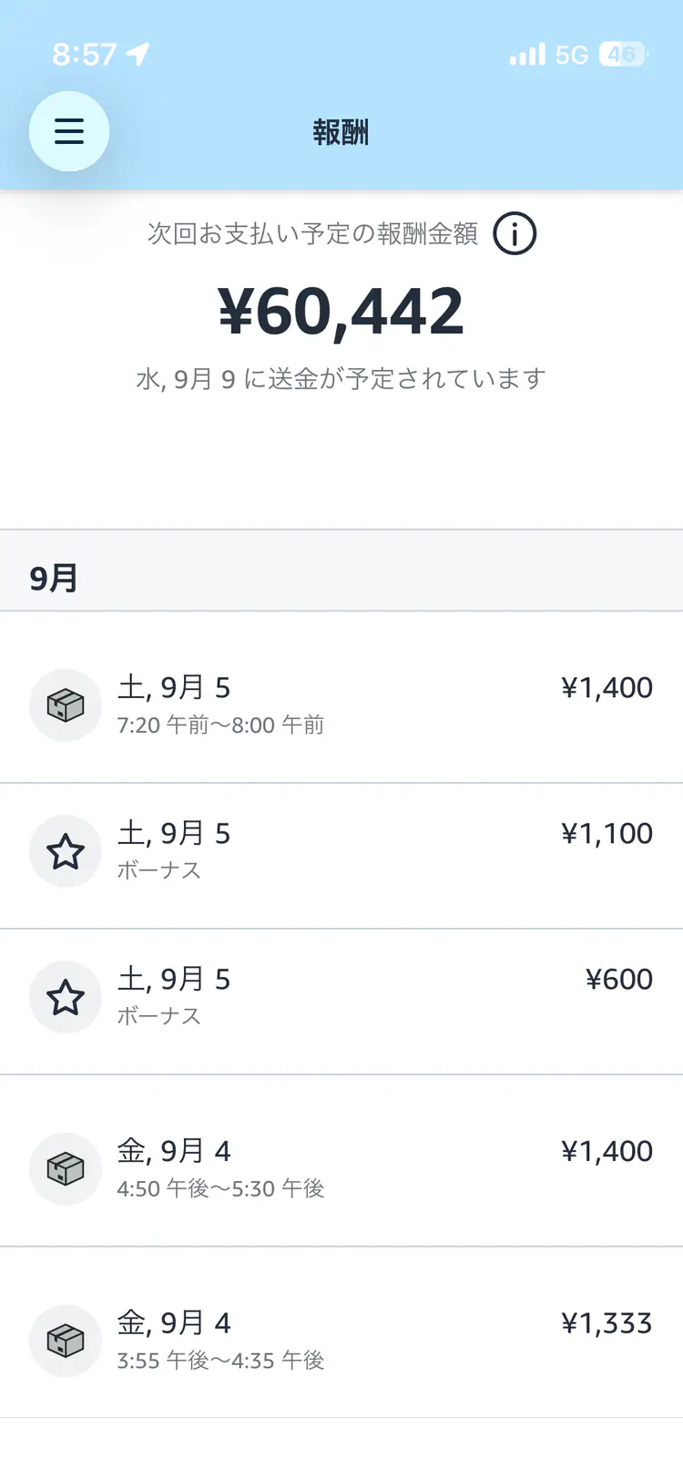 Amazon Flexの報酬画面に表示された9月5日のボーナス1,100円・600円と次回支払予定60,442円