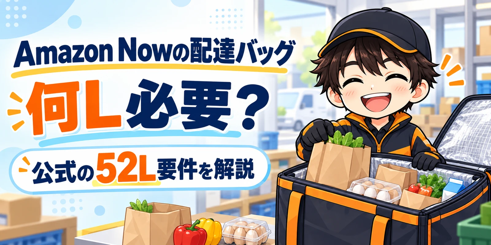 Amazon Nowの配達バッグは何L必要？公式の52L要件と実際の荷物を解説するイラスト