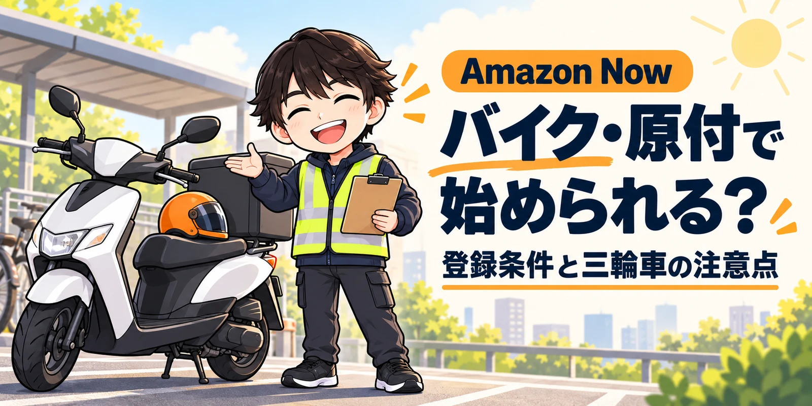 Amazon Nowのバイク・原付配達に必要な登録条件と、青ナンバーのジャイロなど三輪車の注意点を紹介する画像
