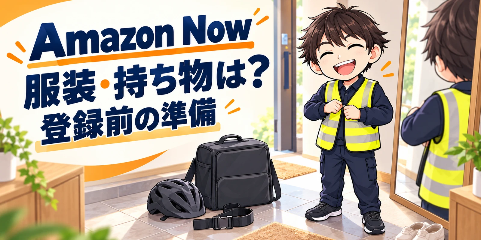 Amazon Now配達員の登録前に確認したいバッグ・ヘルメット・反射ベスト・靴と持ち物のイラスト