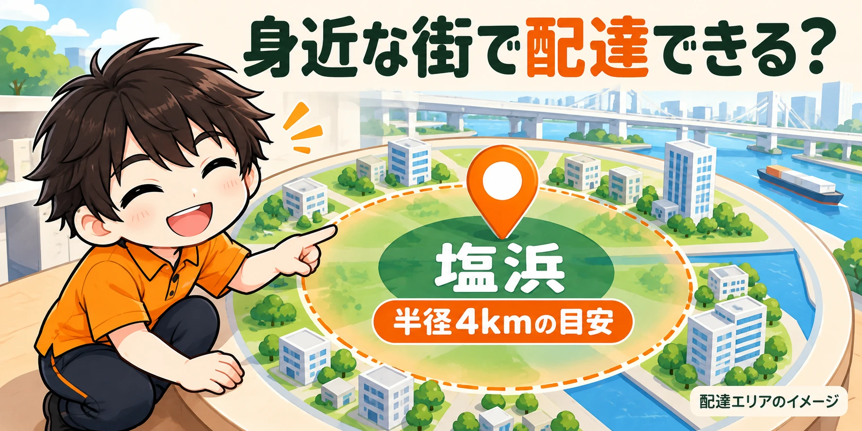 塩浜ステーションから半径4km圏の主な配達エリアのイメージ