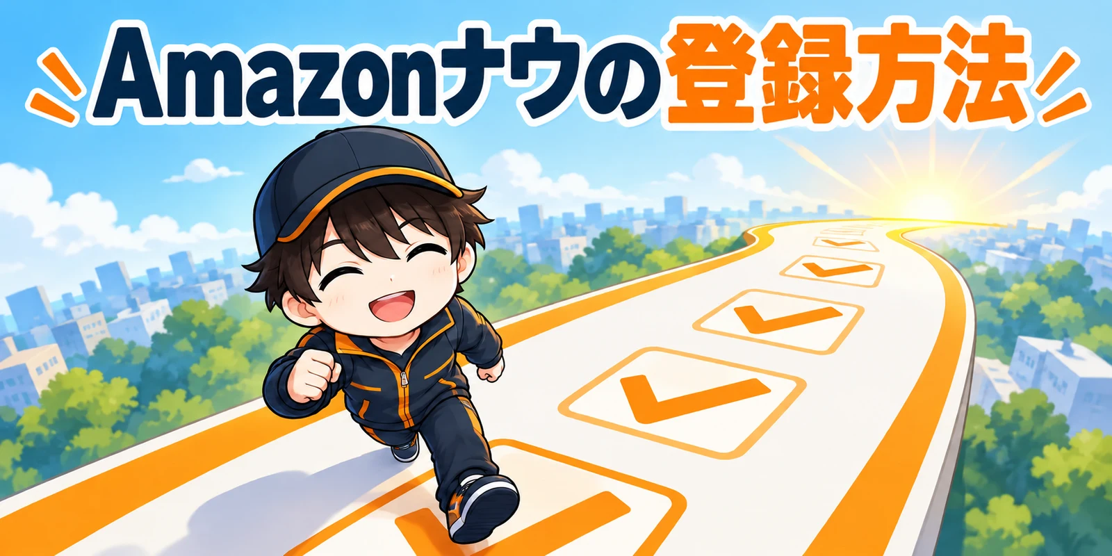 Amazon Nowの登録方法を案内するイラスト。紹介リンクから同じメールアドレスで登録する手順を解説