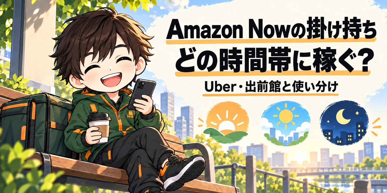 Amazon Nowの掛け持ちはどの時間帯に稼ぐ？Uber・出前館との使い分けを案内するイラスト